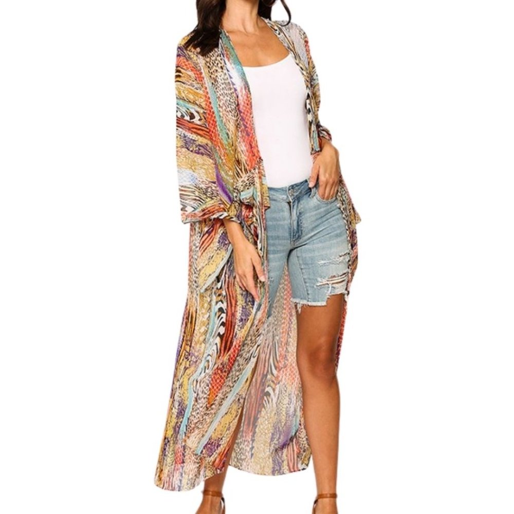 KIMONO Mix-Print Open Front Maxi Kimono Small - Picture 2 of 4